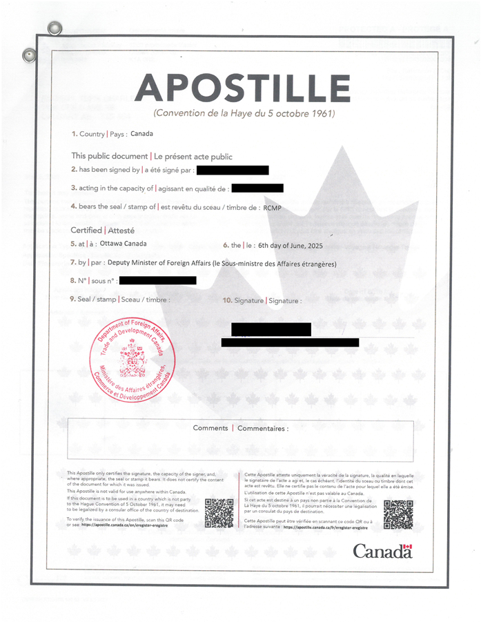 Global Affairs Canada Apostille Sample